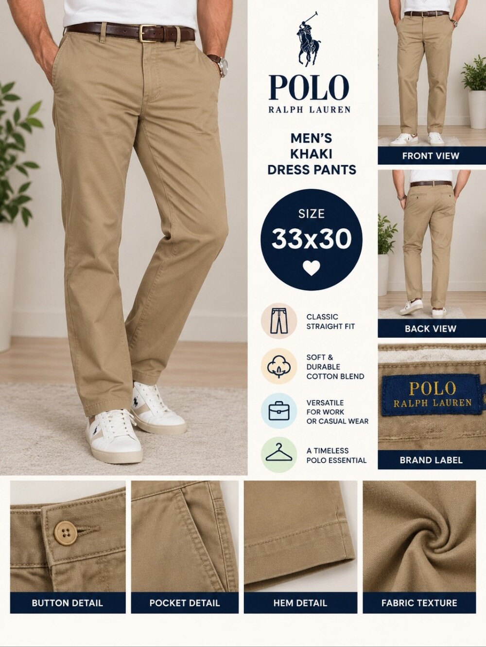 Polo ralph lauren mens 33x30 khaki dress pants #36